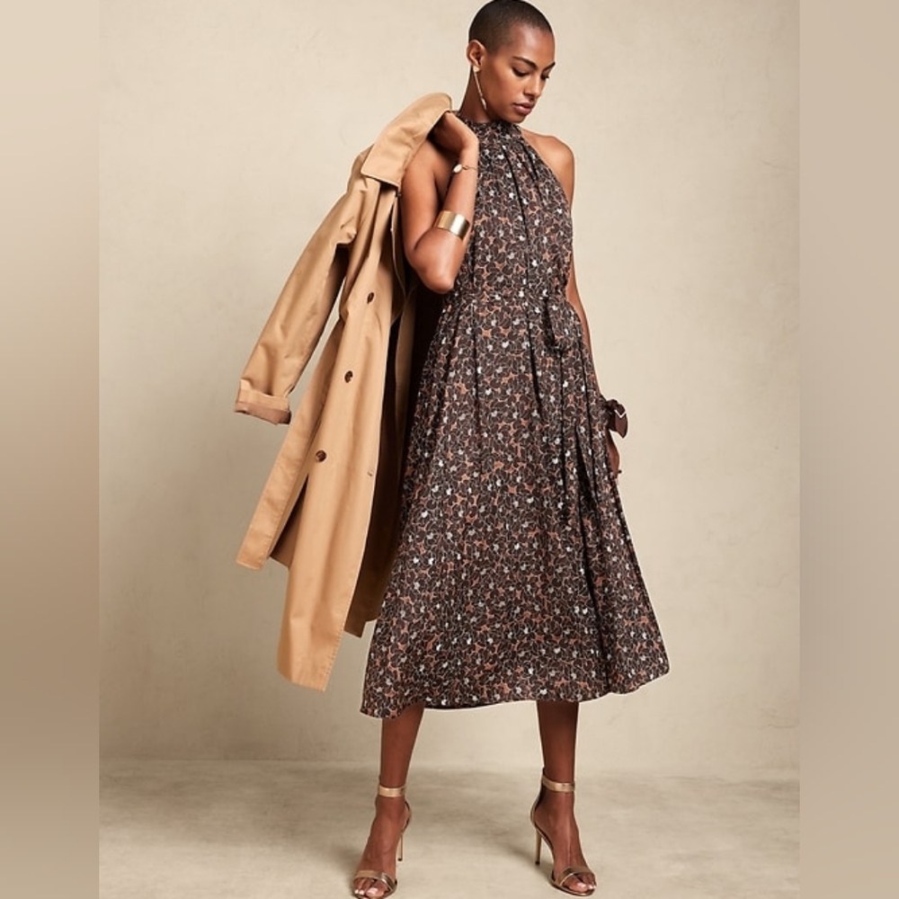 NWOT Banana Republic Brown Floral Halter Midi Dress Size Large